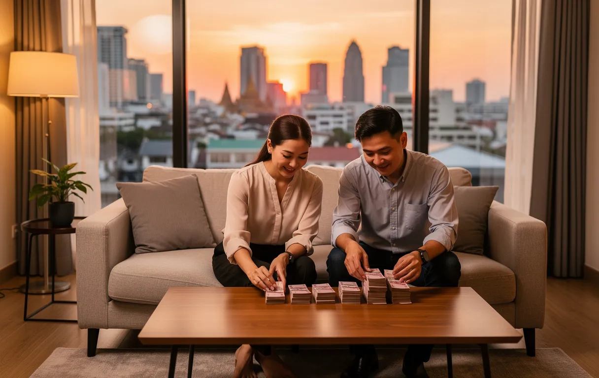 Un couple de jeunes professionnels compte des billets de baht thaïlandais sur une table basse dans un salon d’appartement moderne avec vue sur Bangkok au coucher du soleil.