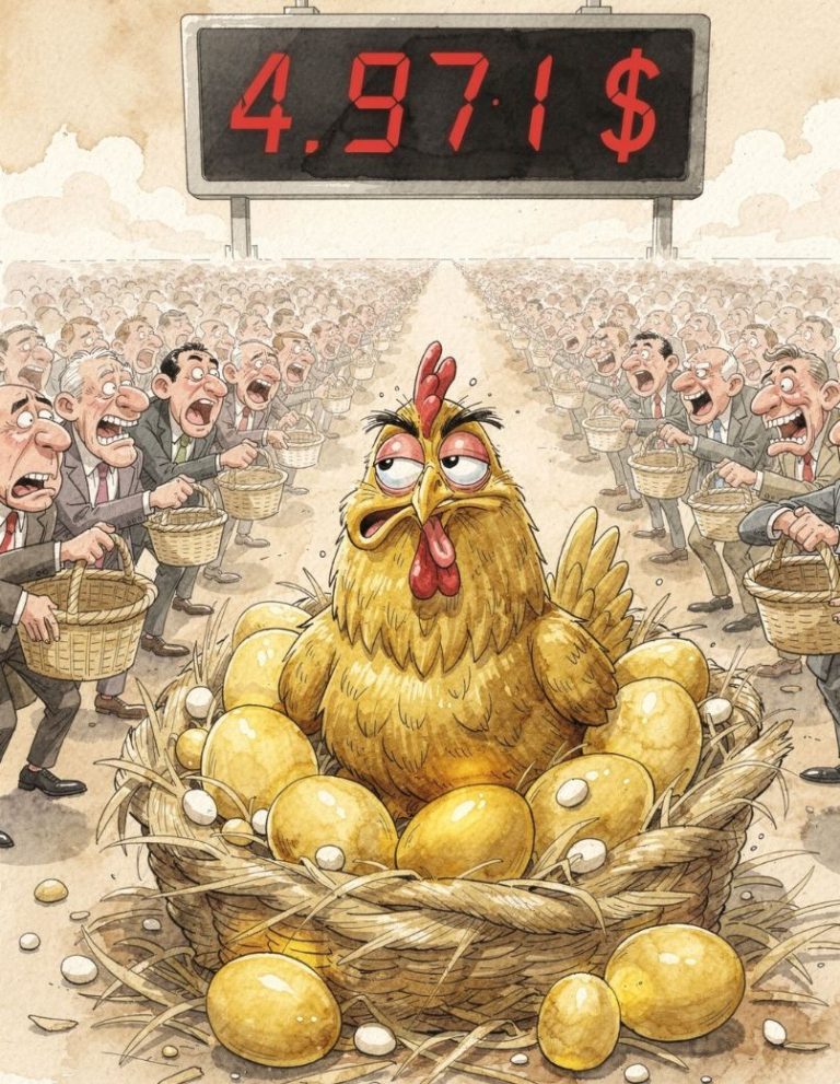 Caricature du jour humoristique d'une poule aux plumes dorées épuisée pondant des œufs en or, entourée d'investisseurs avides avec des paniers, et un compteur affichant 4 971 dollars, illustrant le record de l'or en janvier