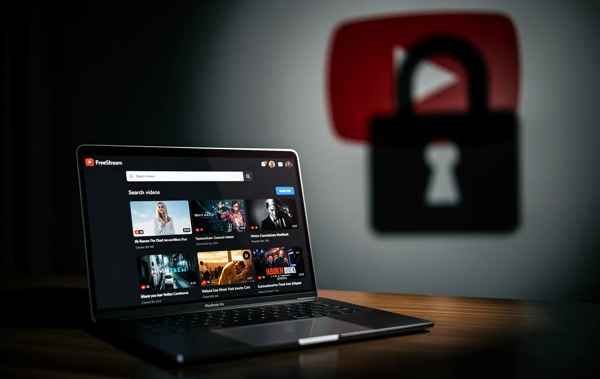 Un ordinateur portable affiche une plateforme vidéo alternative dans une pièce sombre, avec l’ombre d’un cadenas sur un logo YouTube flou à l’arrière-plan.