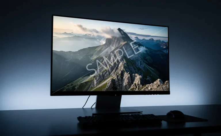 Un écran d’ordinateur affiche une photo numérique marquée d’un filigrane transparent, posé sur un bureau sombre éclairé d’une lumière bleutée.