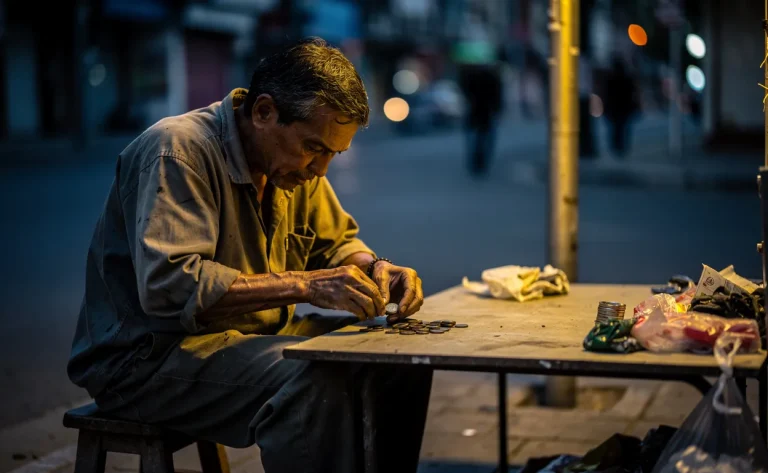 Un travailleur fatigué compte des pièces de monnaie seul à son étal extérieur sous la lumière tamisée du crépuscule.