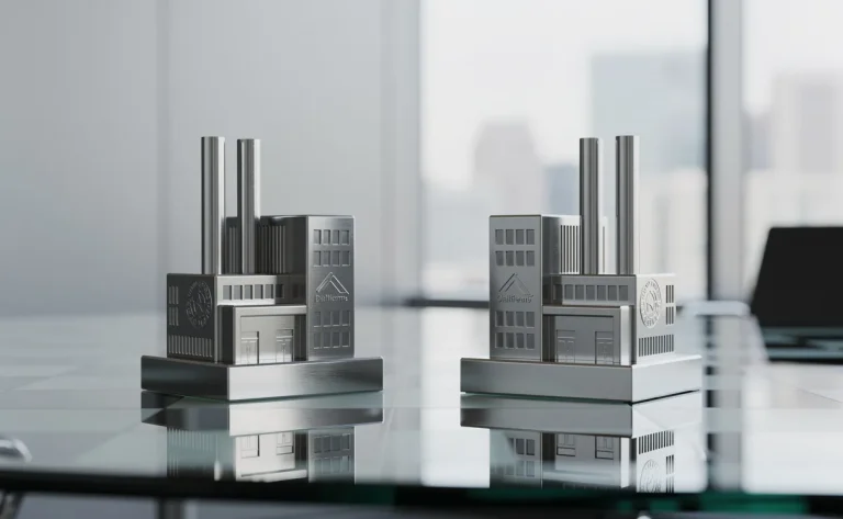 Deux pièces d’échecs argentées en forme d’usines se font face sur une table en verre dans un bureau au style épuré et lumineux.