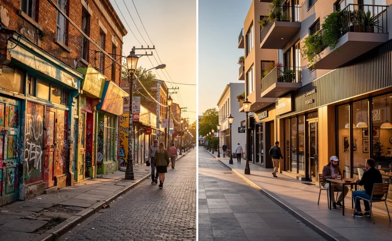Une rue urbaine divisée en deux, avec d’un côté des boutiques anciennes colorées et des graffitis, et de l’autre des cafés modernes et des appartements rénovés sous une lumière dorée.