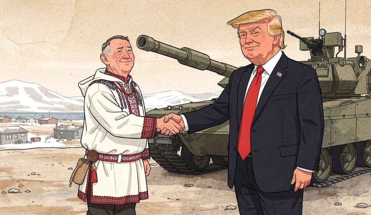 Caricature politique représentant Donald Trump serrant la main d’un habitant du Groenland en tenue traditionnelle, tous deux souriant de manière crispée, tandis qu’un char militaire américain se tient juste derrière Trump, canon visible, dans un style réaliste et satirique.