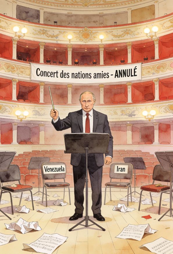 Caricature détaillée de Poutine en chef d'orchestre devant des chaises vides avec des plaques Venezuela et Iran et une pancarte Concert annulé.