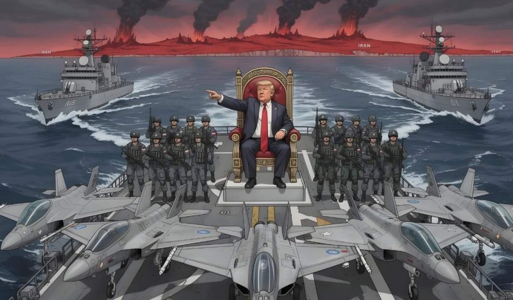 Caricature panoramique de Donald Trump assis sur le pont de l'USS Abraham Lincoln entouré de soldats, avec des chasseurs F-35 et des destroyers escorteurs naviguant vers la côte iranienne rouge sang