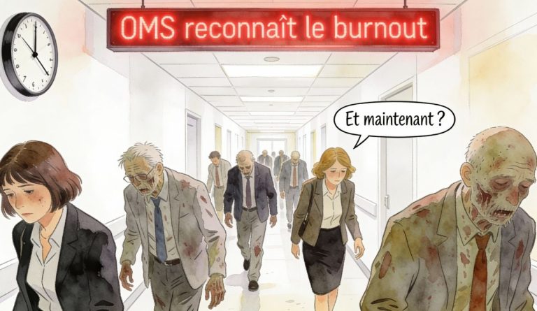 Illustration d'employés marchant comme des zombies dans un couloir d'entreprise sous un panneau lumineux indiquant que l'OMS reconnaît le burnout, symbolisant l'écart entre reconnaissance et action
