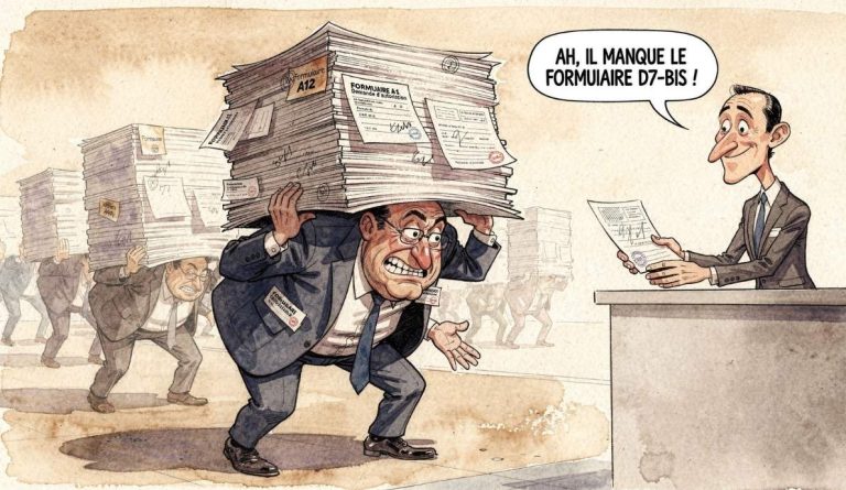 Caricature / dessin du jour d'un entrepreneur écrasé sous une pile géante de formulaires administratifs tandis qu'un fonctionnaire lui réclame encore un document supplémentaire