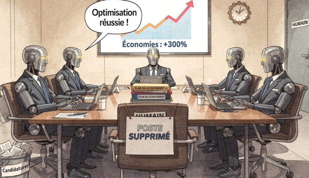 Caricature de robots en réunion célébrant des suppressions de postes avec une chaise vide marquée humain