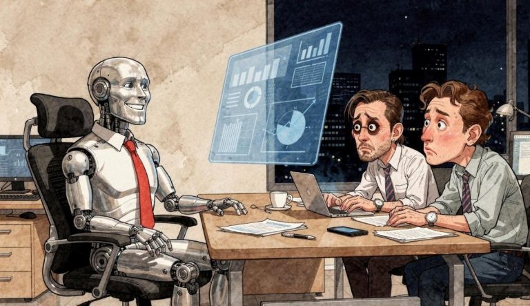 Caricature montrant un robot manager dans un bureau moderne face à des employés épuisés travaillant tard le soir