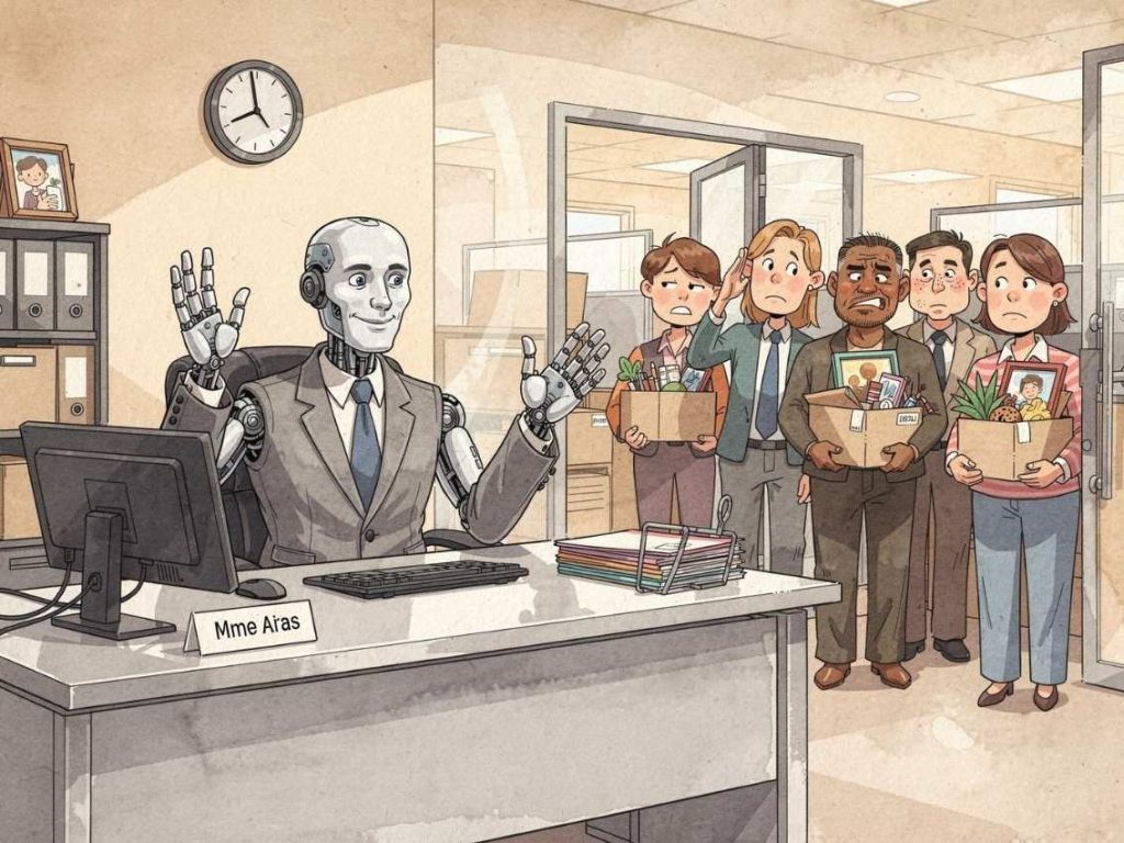 Caricature montrant un robot en costume assis à un bureau d'entreprise pendant que des employés humains partent avec leurs cartons
