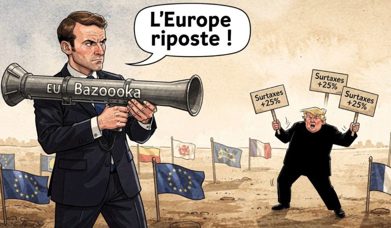 Caricature d'Emmanuel Macron visant avec un lance-roquettes européen Donald Trump qui jongle avec des panneaux de surtaxes douanières