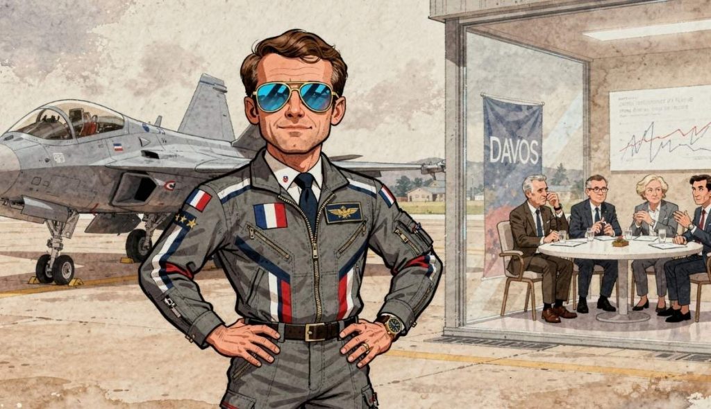 Caricature d'Emmanuel Macron posant comme Tom Cruise en tenue de pilote avec lunettes aviateur devant un avion de chasse