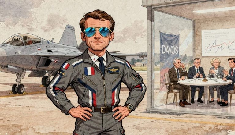 Caricature d'Emmanuel Macron posant comme Tom Cruise en tenue de pilote avec lunettes aviateur devant un avion de chasse