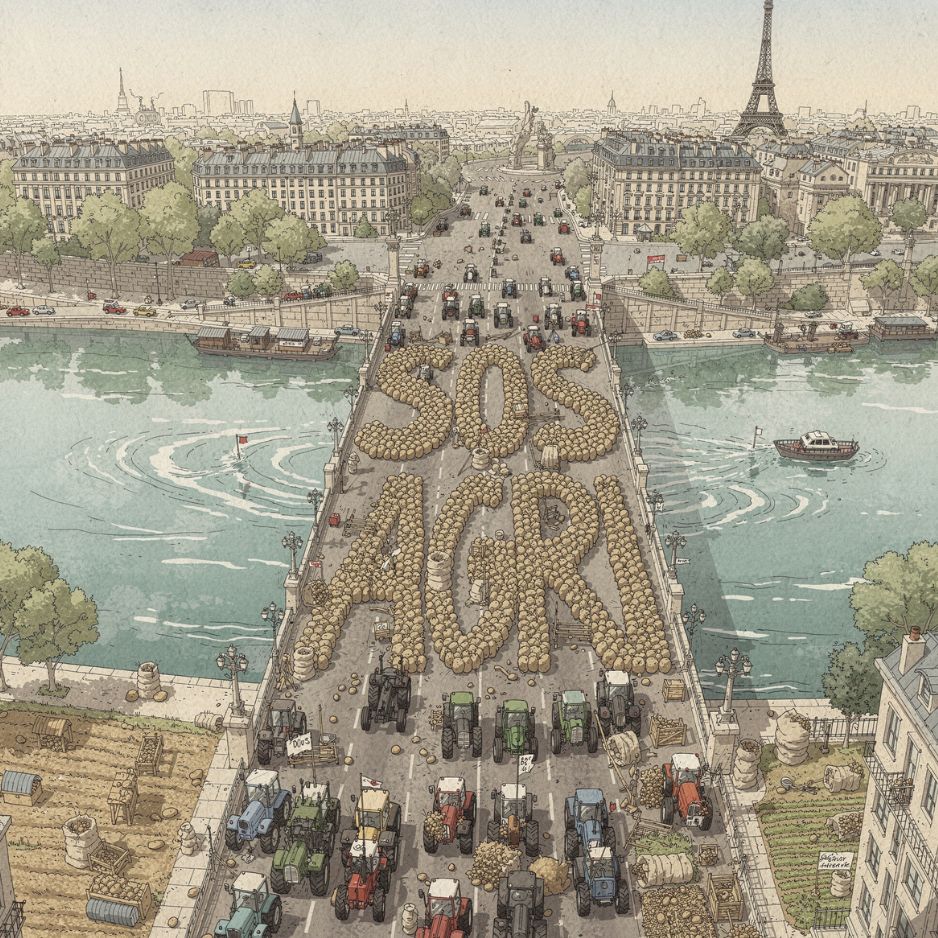 Illustration en vue aérienne du pont de la Concorde couvert de pommes de terre formant les lettres SOS AGRI, entouré de tracteurs, symbolisant la protestation des agriculteurs