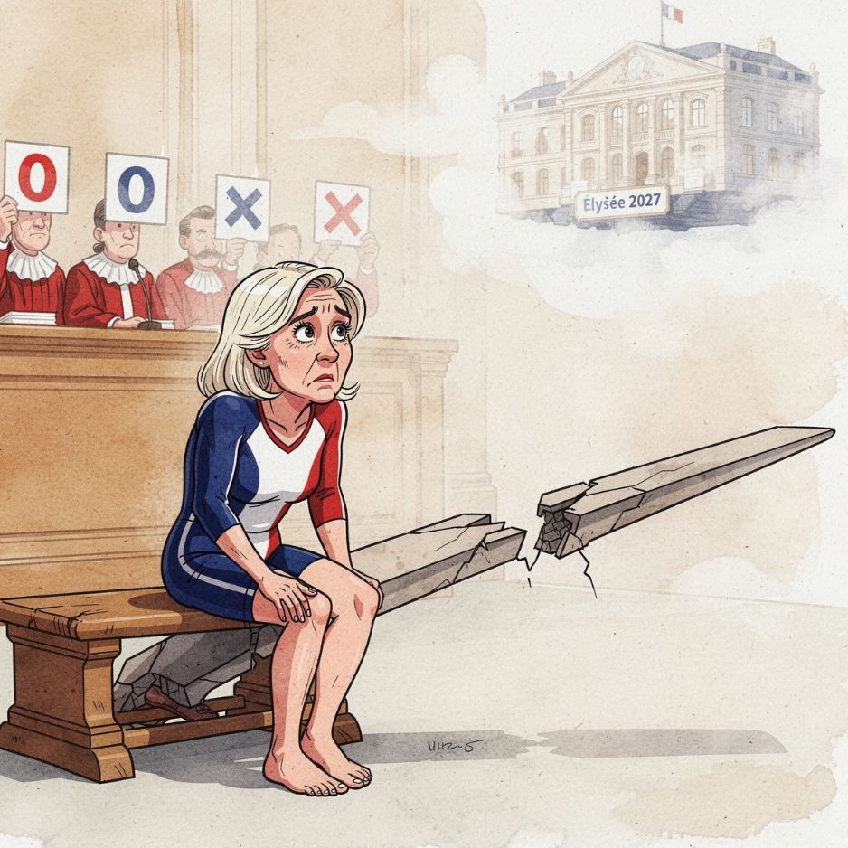 Caricature de Marine Le Pen sur un banc d'accusé transformé en tremplin fissuré vers l'Élysée 2027, avec des juges tenant des cartons de notation négatifs