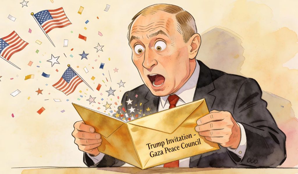 Caricature politique montrant Poutine ouvrant une enveloppe dorée avec expression de choc total, confettis multicolores, drapeaux américains et étoiles s'échappant de l'enveloppe.