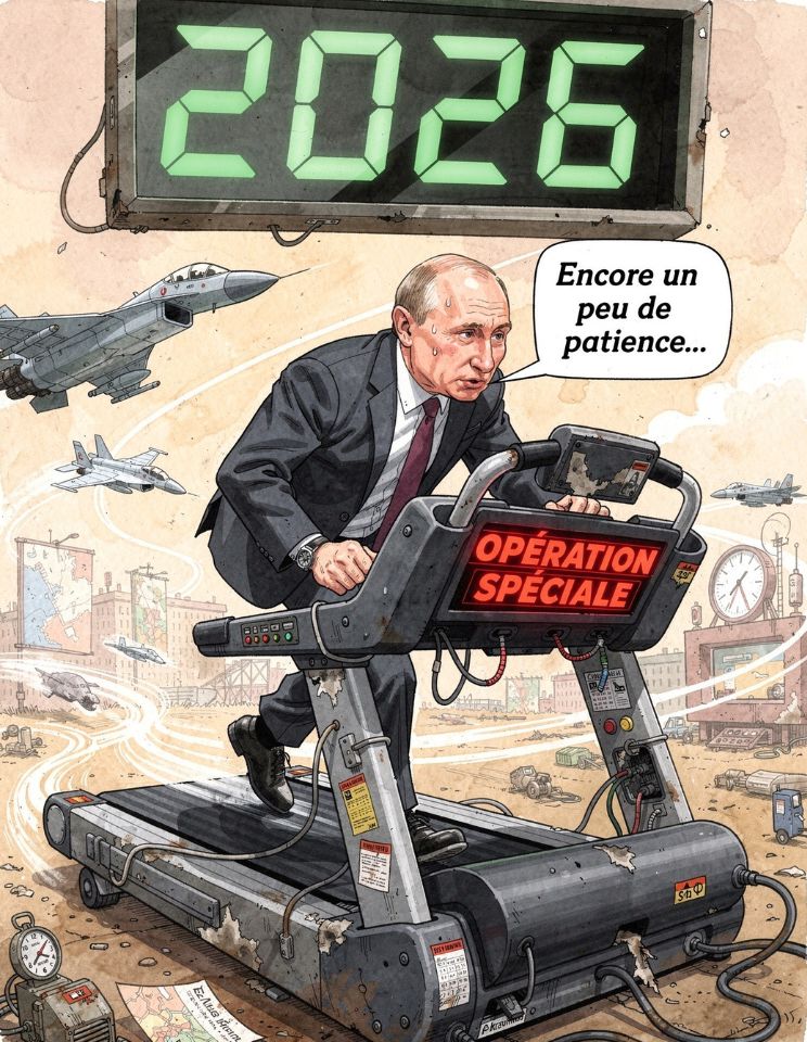 Caricature de Vladimir Poutine courant sur un tapis roulant marqué opération spéciale avec des avions de combat ukrainiens volant autour de lui et un compteur affichant 2026