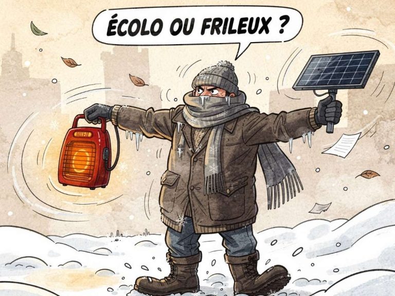 Caricature du jour d'un homme tenant un radiateur et un panneau solaire, exprimant le dilemme entre se chauffer l'hiver et respecter la transition écologique, avec une bulle indiquant "Écolo ou frileux ?"