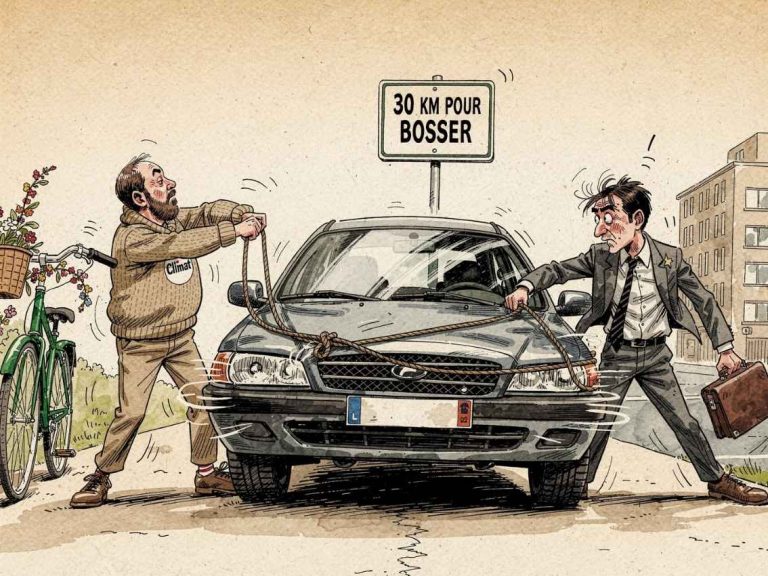 Caricature du jour d'une voiture tirée dans deux directions opposées par un activiste écologiste vers un vélo et un employé vers son bureau distant, avec un panneau indiquant 30 km pour bosser, illustrant la tension entre écologie et réalités professionnelles.