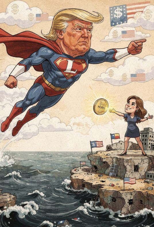 Caricature de Donald Trump en costume de super-héros avec un L sur la poitrine volant vers le Venezuela tandis que María Corina Machado lui lance la médaille Nobel