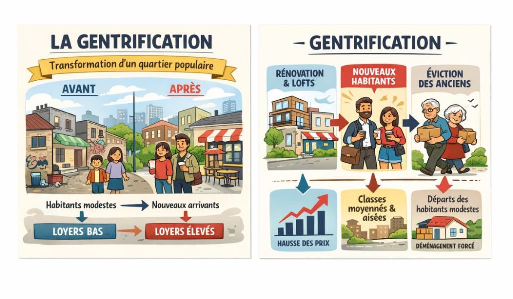 Une belle illustration qui via du texte et des images explique la définition de la gentrification