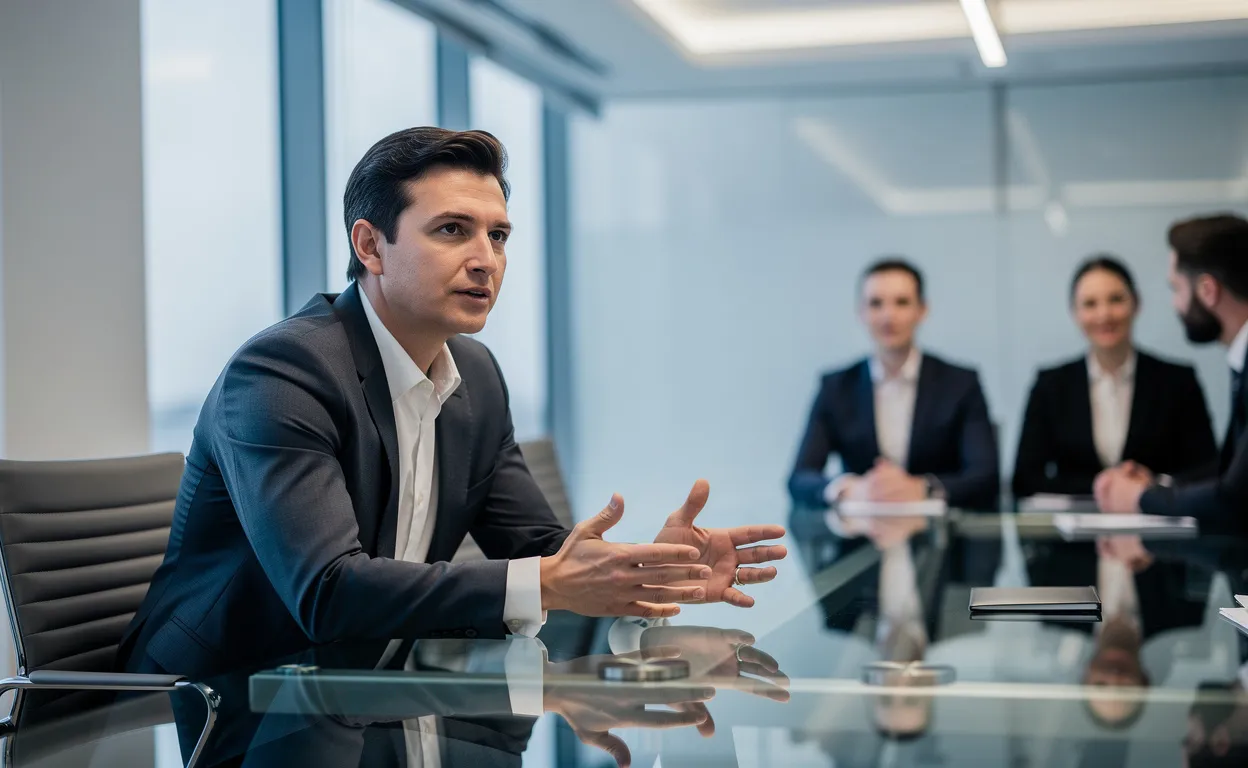 Un professionnel assure le dialogue autour d’une table en verre, adoptant une gestuelle persuasive sous une lumière froide.