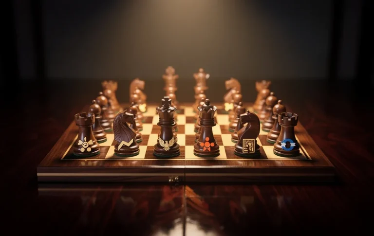 Un échiquier classique avec des pièces fusionnées à des symboles politiques miniatures, sous un éclairage doux sur une table en bois sombre.