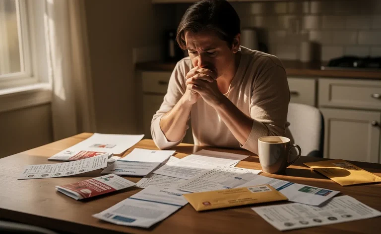Une personne pensive est assise seule à une table de cuisine, parmi des bulletins de vote et des brochures, baignée par la lumière du matin.