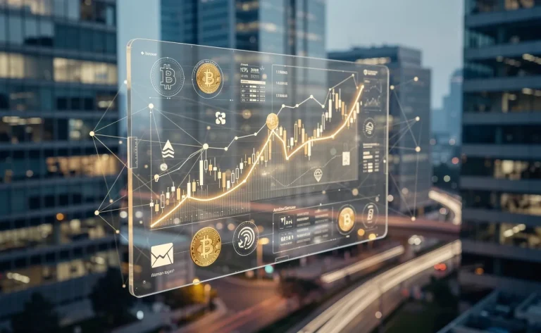 Un écran tactile transparent présente des graphiques financiers, des monnaies numériques et des icônes de fintech flottant devant une ville moderne au crépuscule.