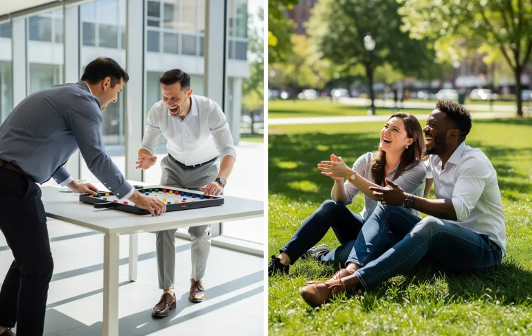 Quatre collègues de diverses origines jouent et rient ensemble, deux autour d’une table à l’intérieur et deux assis sur l’herbe à l’extérieur, sous une lumière naturelle.