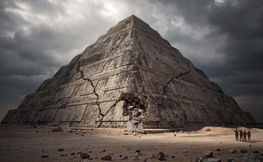 Une grande pyramide de pierre fissurée se dresse sous un ciel nuageux, tandis que des silhouettes au loin désignent ses imperfections.