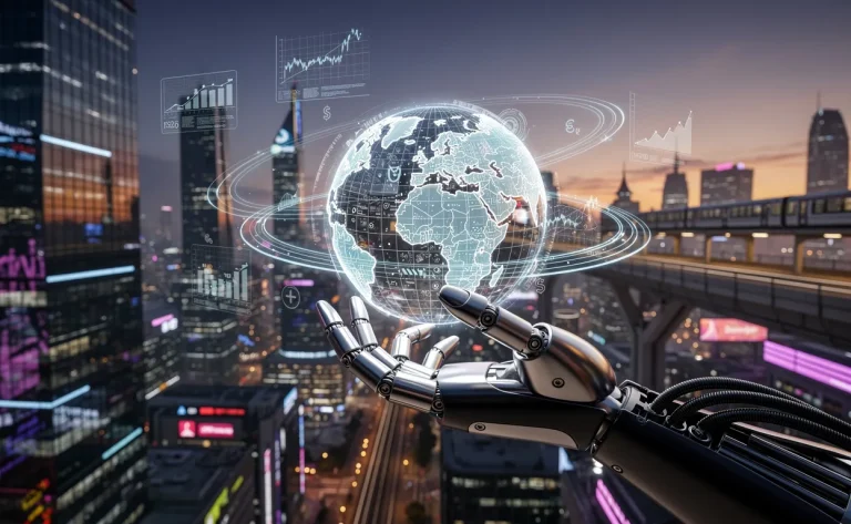 Une main robotique élégante et un globe numérique lumineux émergent d’une ville futuriste au crépuscule, illustrant l’impact des technologies de rupture sur l’économie mondiale.