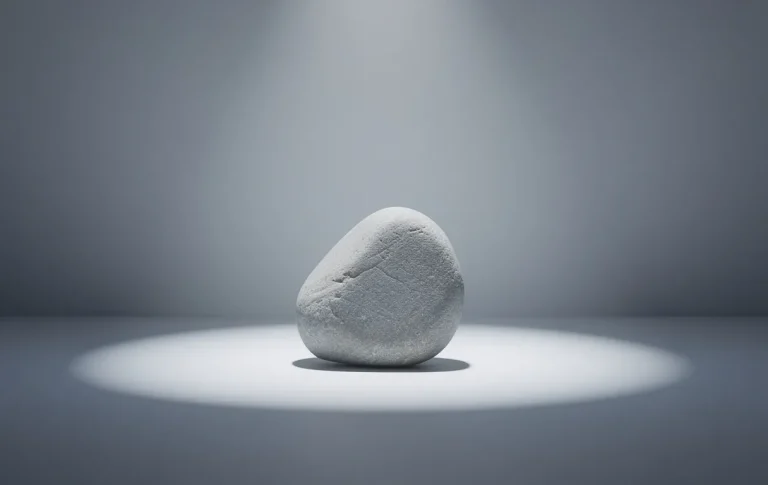 Pierre brute posée au centre d’une pièce minimaliste baignée d’une lumière douce.