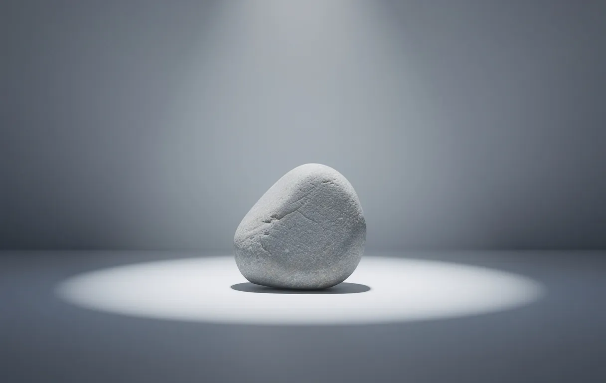 Pierre brute posée au centre d’une pièce minimaliste baignée d’une lumière douce.