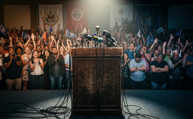 Un pupitre politique usé se dresse devant une foule partagée entre enthousiasme et scepticisme, sous une lumière dramatique.