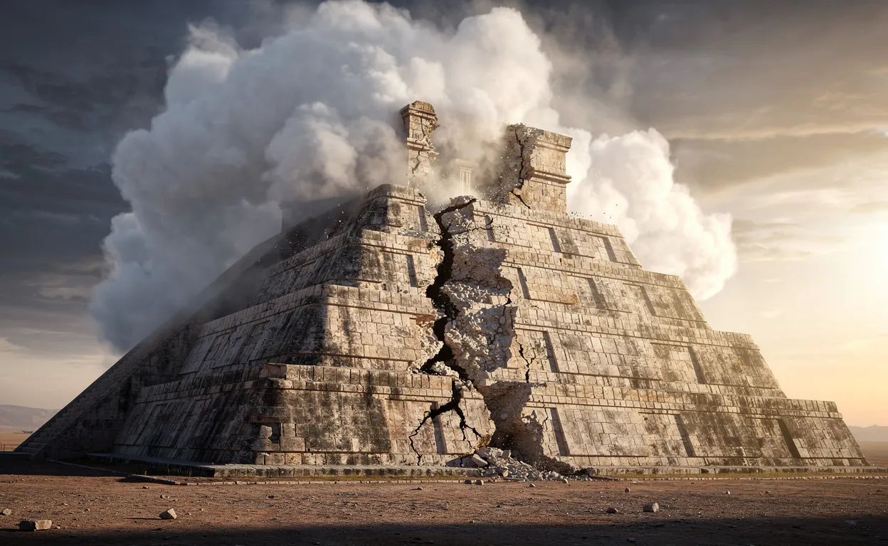 Pyramide de pierre aux blocs supérieurs se fondant dans des nuages et montrant des fissures révélant sa fragilité intérieure, éclairée sur le côté.