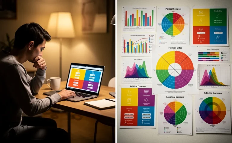 Une personne réfléchit devant un test de boussole politique en ligne sur un ordinateur, tandis qu’à côté figurent des graphiques politiques colorés.