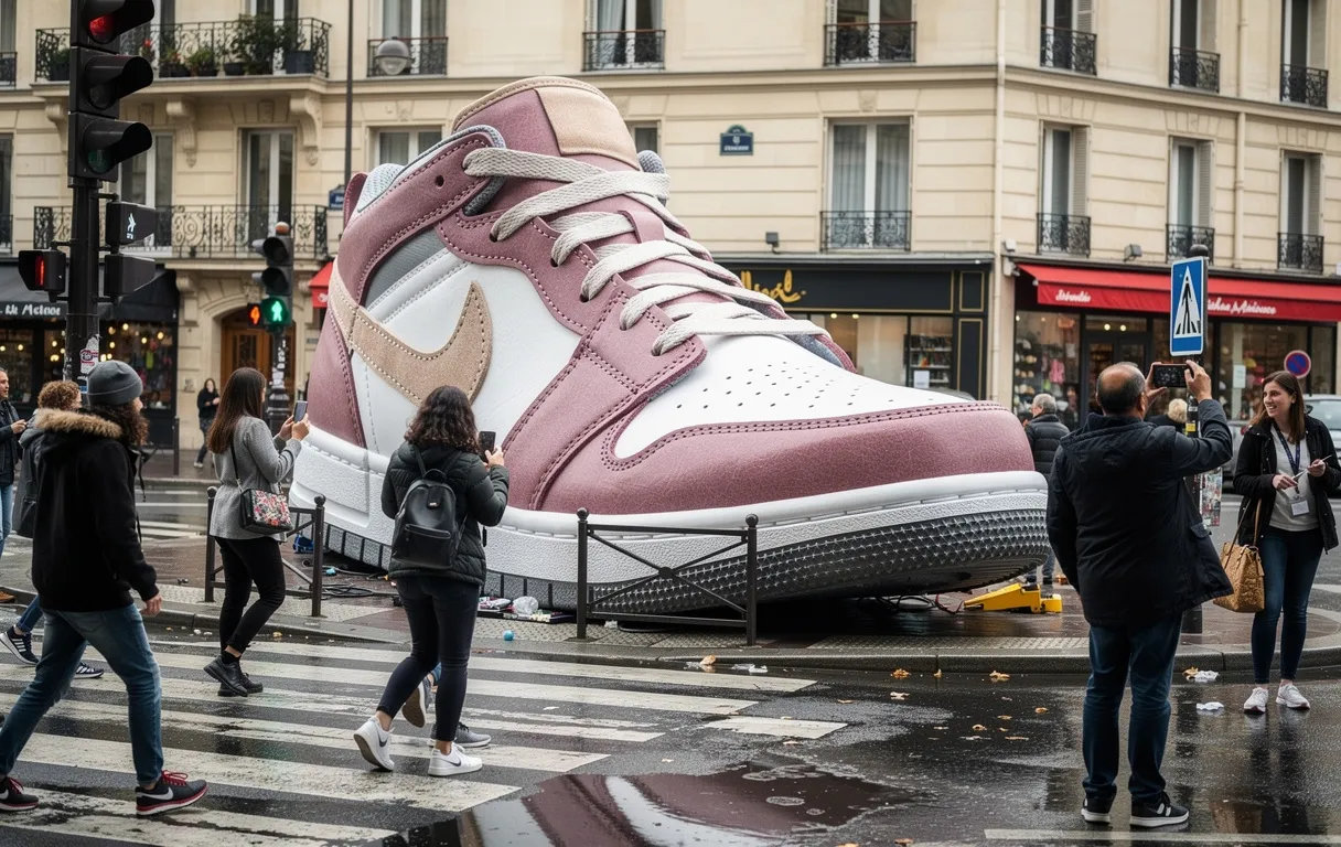 Une grande basket est installée sur un passage piéton parisien, attirant l’attention des passants sous un ciel gris et humide.
