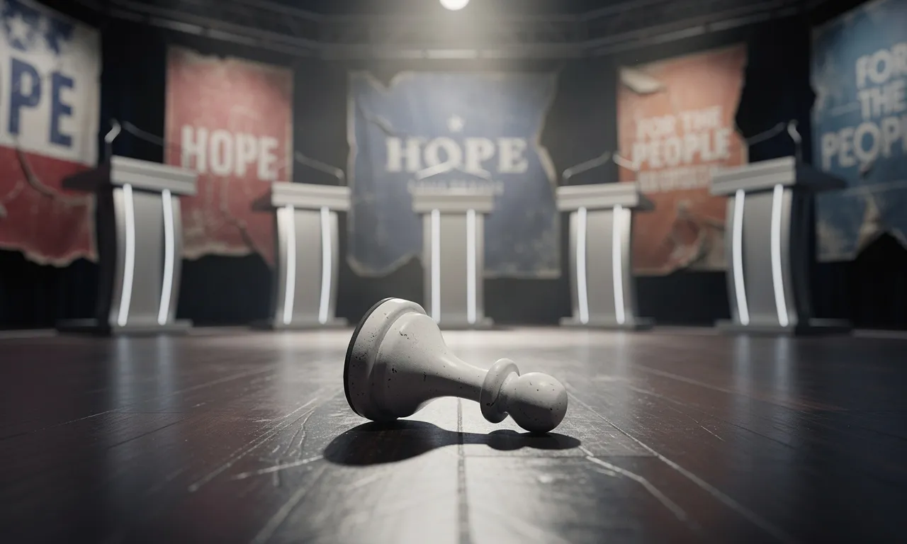 Un pion d’échecs renversé repose sur une scène de débat électoral entourée de pupitres vides et d’affiches de campagne effacées.