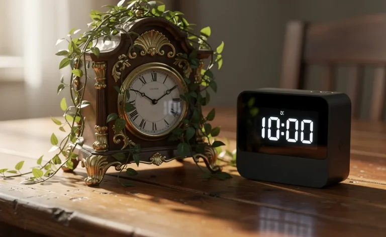 Un vieux réveil orné partiellement recouvert de lianes vertes côtoie un minuteur numérique moderne sur une table en bois baignée de lumière du matin.