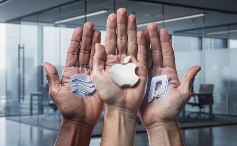 Trois mains se chevauchent en tenant chacune un logo d’entreprise technologique devant un bureau moderne aux tons bleutés.