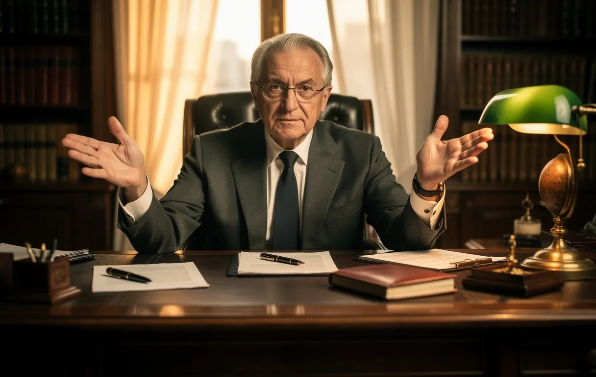 Un homme français âgé en costume est assis derrière un grand bureau en bois et hausse légèrement les épaules sous un éclairage chaleureux.