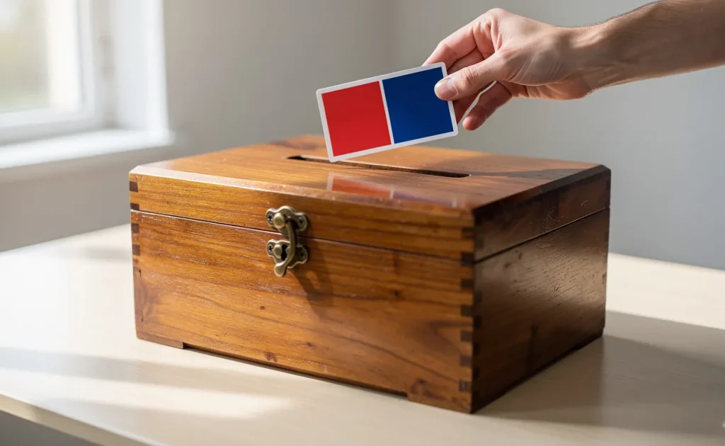 Une main tient une carte aux couleurs rouge et bleue au-dessus d’une urne en bois posée sur une table, dans une pièce éclairée par la lumière naturelle.