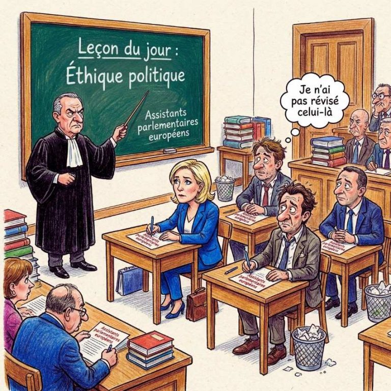 Caricature de tribunal transformé en salle de classe, Marine Le Pen et cadres du RN à des pupitres d'écoliers, procureur écrivant au tableau leçon du jour éthique politique, bulle disant je n'ai pas révisé celui-là