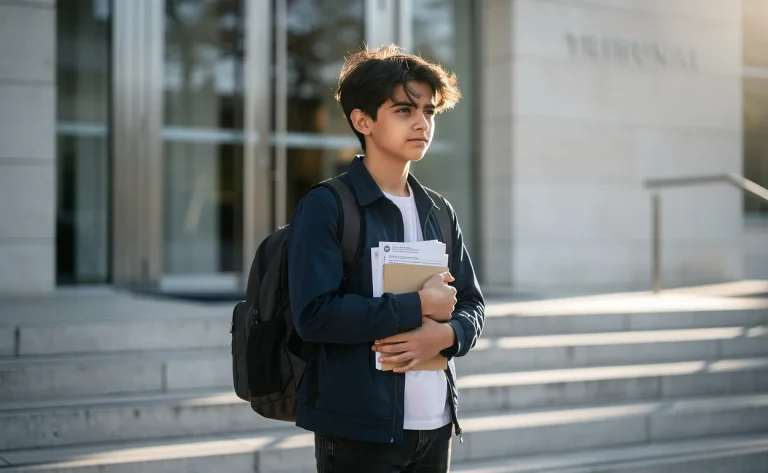 Un adolescent français pensif tient des documents officiels devant l’entrée d’un palais de justice moderne au petit matin.