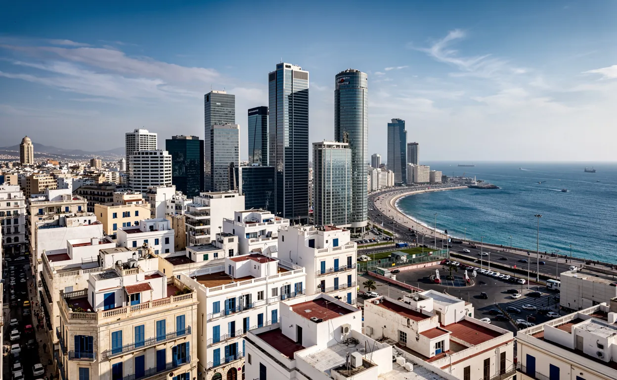 Vue du centre d’Alger en 2026 avec des gratte-ciel modernes, des bâtiments blancs traditionnels et la mer Méditerranée sous un ciel bleu.