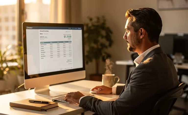 Un employé de bureau regarde un relevé bancaire numérique à l’écran, baigné par la lumière du matin.