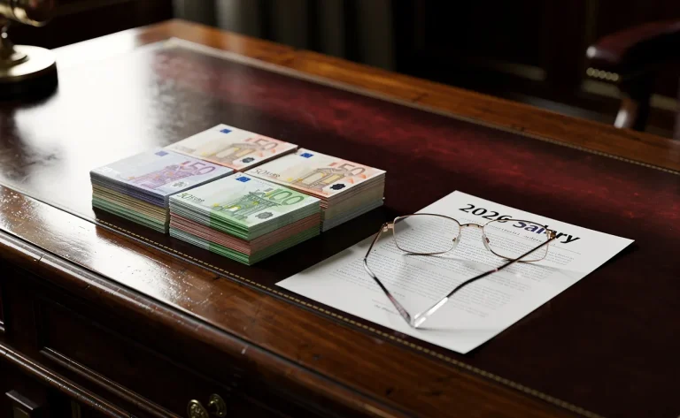 Un bureau en bois brillant avec des billets en euros, un document marqué « 2026 Salary » et une paire de lunettes élégantes posées dessus, éclairés par une lumière naturelle.