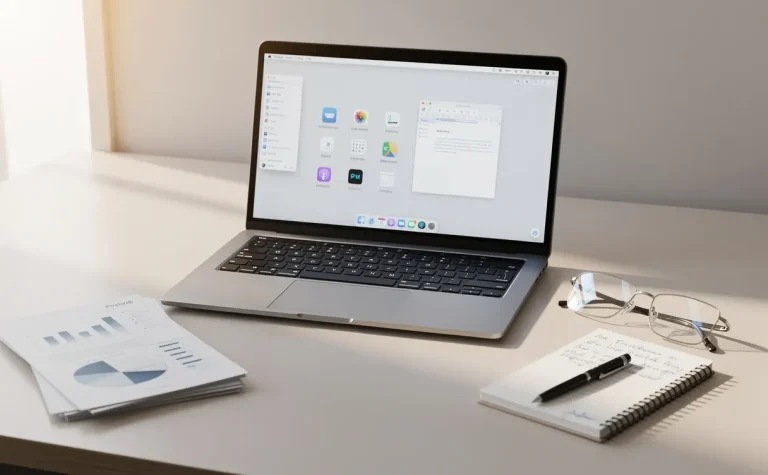 Un bureau moderne avec un ordinateur portable affichant des icônes de logiciels, entouré de documents, d’un carnet et de lunettes sous une lumière douce du matin.